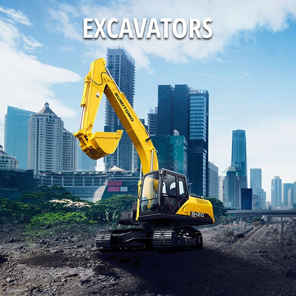 yellow heavy equipment sumitomo excavator is working on city building construction project