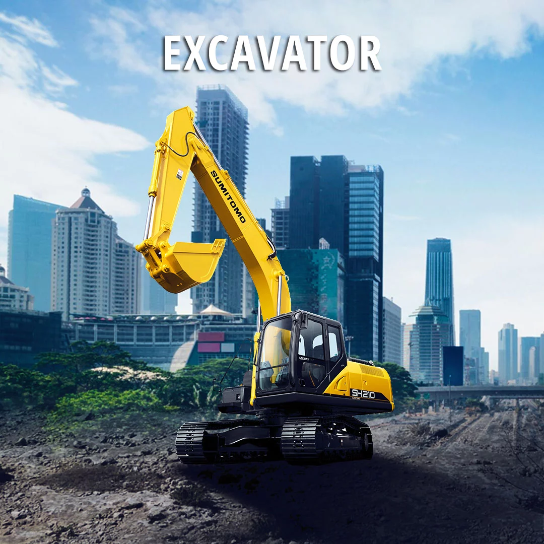 alat berat excavator sumitomo berwarna kuning sedang bekerja di proyek konstruksi pembangunan kota